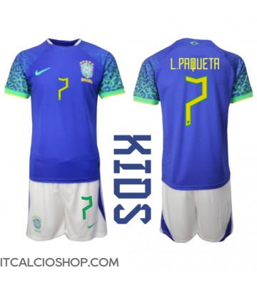 Brasile Lucas Paqueta #7 Seconda Maglia Bambino Mondiali 2022 Manica Corta (+ Pantaloni corti)